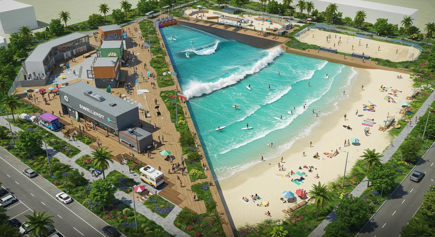 Urban SwellSpot concept with boardwalk and beach