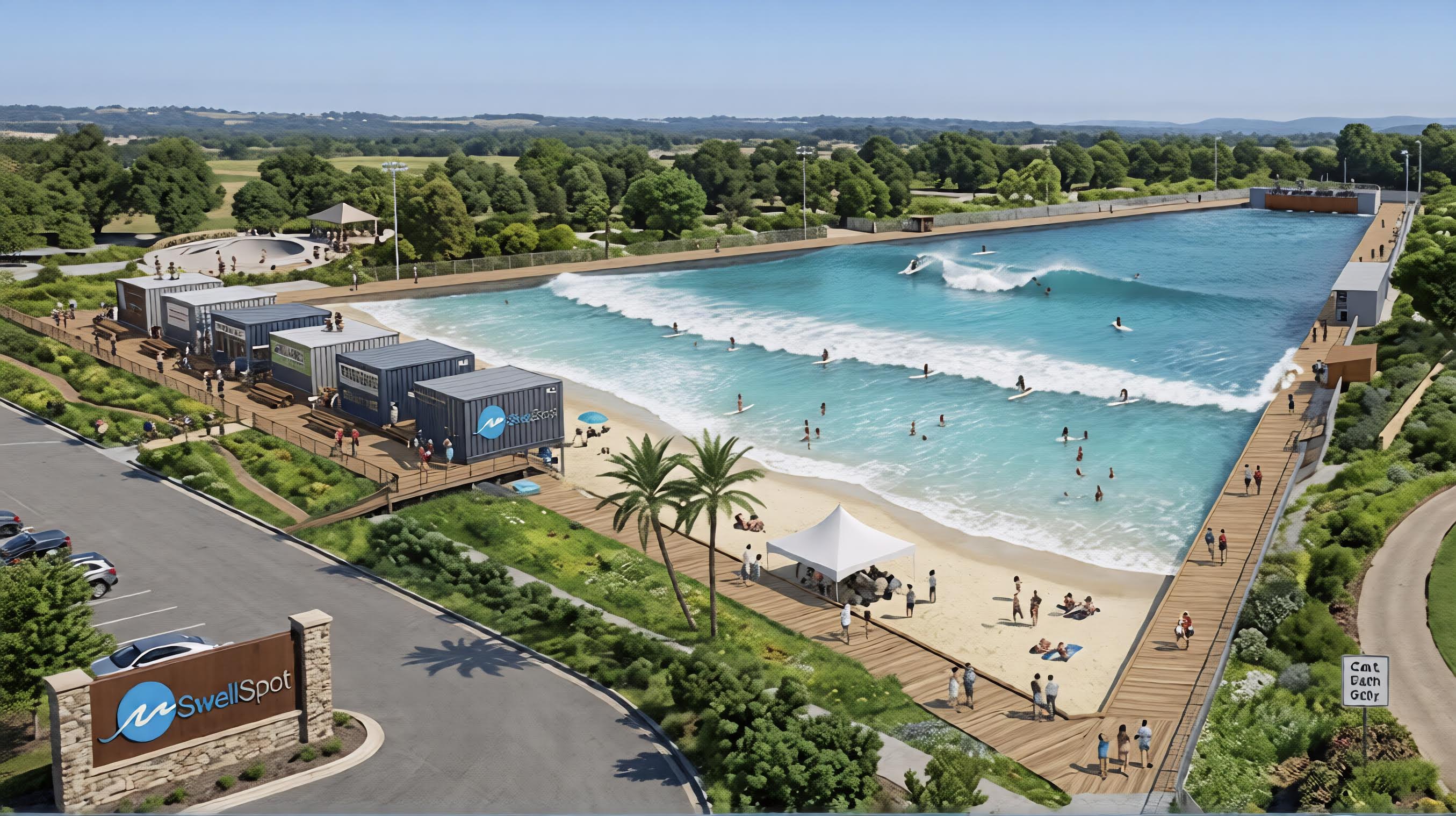 SwellSpot lagoon angle render with containers and beach